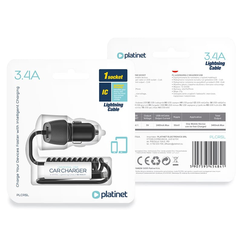 Lechpol INCARCATOR AUTO CABLU SPIRALAT 3.4A LIGHTNING