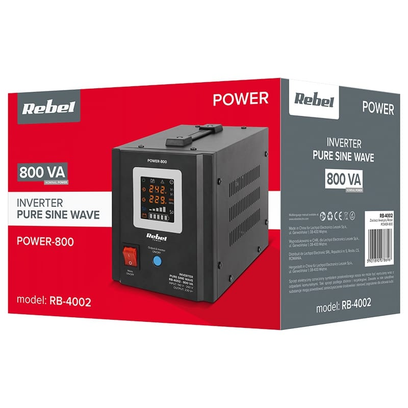Rebel UPS centrale termice UPS Rebel RB-4002 | Sinus Pur, 800VA, 500W, 12V, Centrale Termice