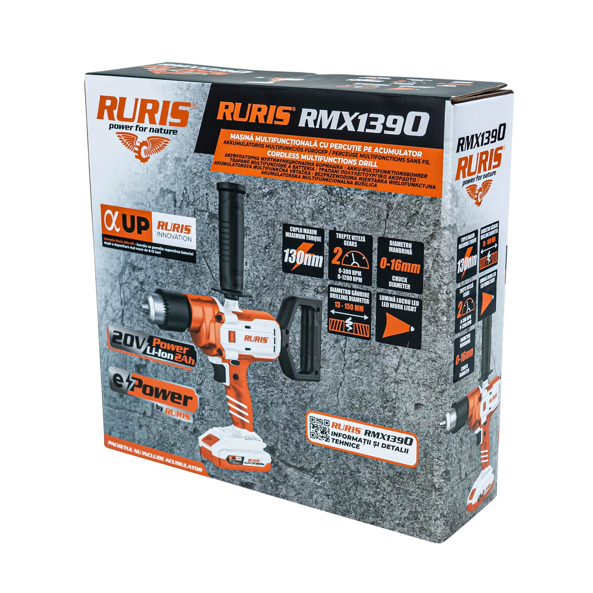 Ruris Masina de gaurit si insurubat Masina de gaurit multifunctionala pe acumulator RURIS RMX 1390 Power Alfa Up (contine acumulator 2400e x-charge)