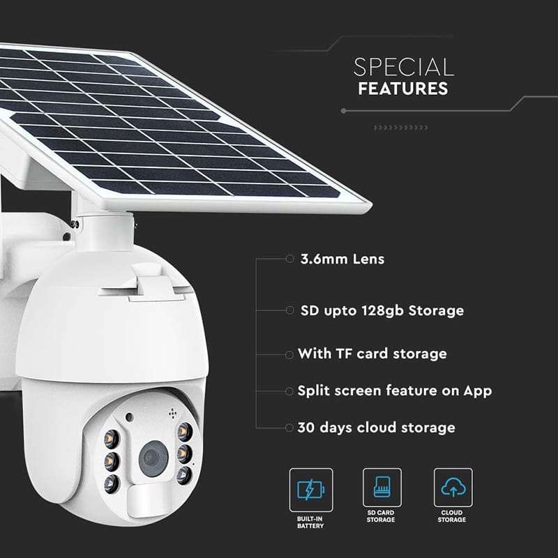 V-Tac Camera de supraveghere Cameră de supraveghere PTZ WiFi solară V-Tac 2MP, 360°, PIR, vedere nocturnă color, IP65, alb