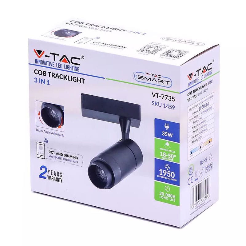 V-Tac Proiector LED pe șină V-Tac 35W COB, 3 temperaturi culoare 2800/4000/6000K, negru, IP20, unghi 20–60° reglabil