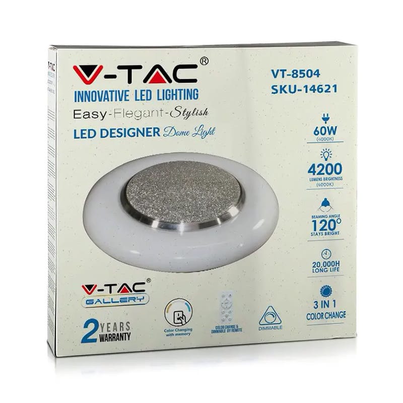 V-Tac Plafonieră LED V-Tac 60W rotundă, 3 temperaturi de culoare 3000K/4000K/6400K, dimabilă cu telecomandă, albă IP20