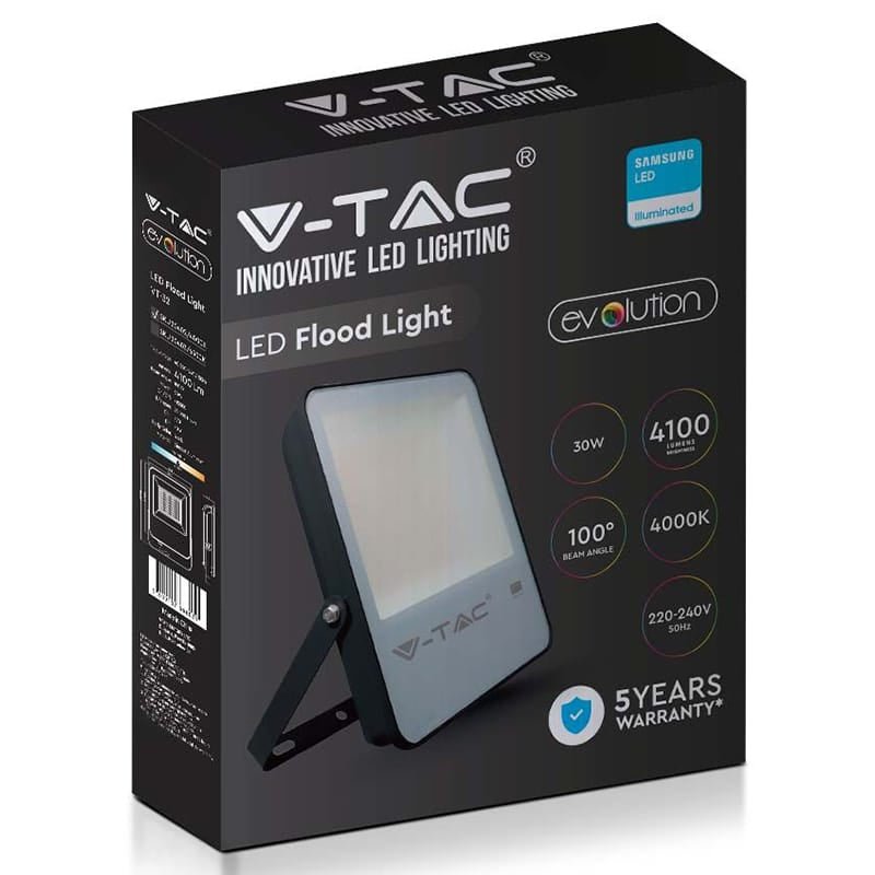 V-Tac Reflector LED REFLECTOR LED SMD 30W 137LM/W 6500K IP65 CIP SAMSUNG - NEGRU/GRI
