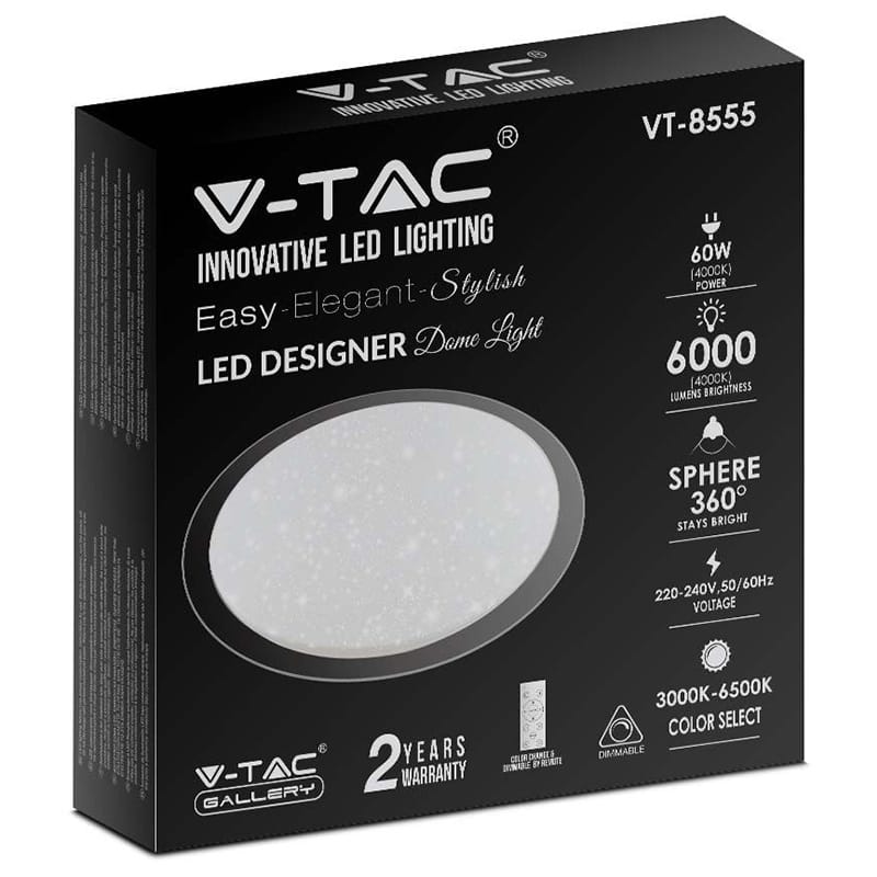 V-Tac Plafoniera LED Plafonieră LED V-Tac 60W Rotundă, Dimabilă cu Telecomandă, 3 CCT 3000K/4000K/6400K, 6000 lm, IP20, Alb, 565 mm