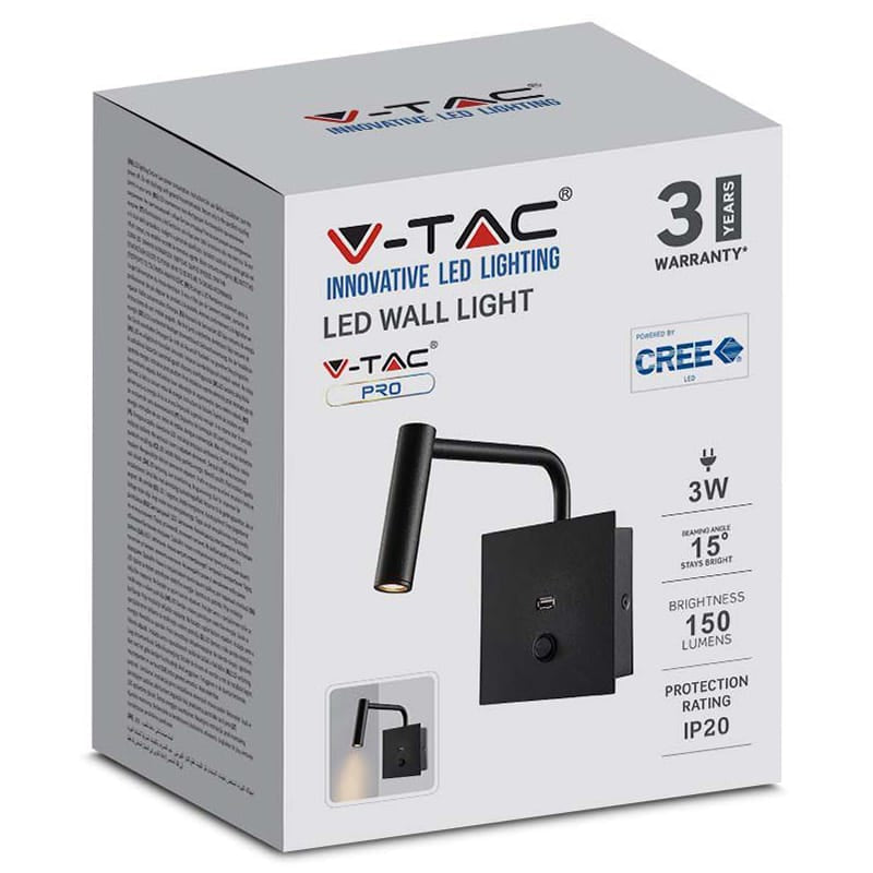 V-Tac Aplica LED de perete V-Tac 3W COB CREE, 3000K Alb Cald, 180 lm, unghi 30°, IP20, Negru, Aluminiu 90x60x30 mm