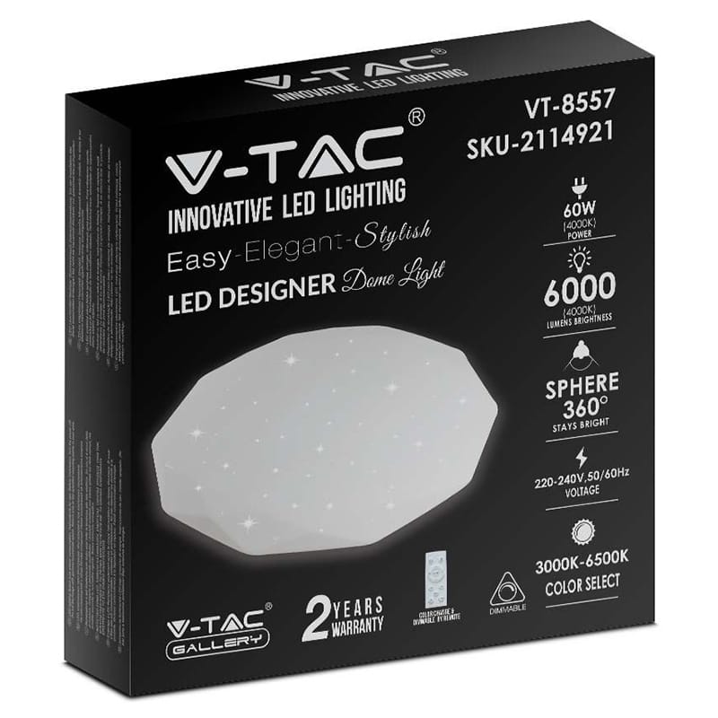 V-Tac Aplica LED rotundă V-Tac 60W 6000lm, 3 temperaturi de culoare, dimabilă cu telecomandă, alb, Ø500 mm