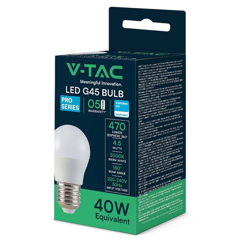 V-Tac Bec LED BEC LED G45 E27 4.5W 3000K ALB CALD, CIP SAMSUNG