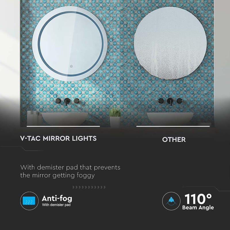 V-Tac Oglindă LED Rotundă V-Tac 25W, 3 Temperaturi Culoare, IP44, Anti-Aburire, Ø600 mm