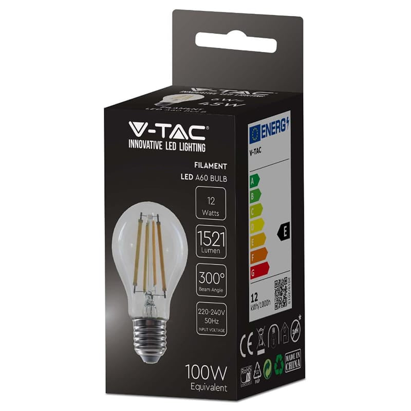 V-Tac BEC A60 E27 FILAMENT LED 12W 3000K ALB CALD