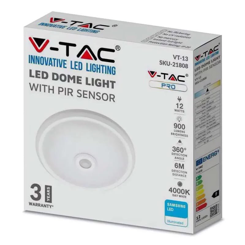 V-Tac Plafoniera LED PLAFONIERA LED 12W IP20 SENZOR DE MISCARE 6400K ALB RECE