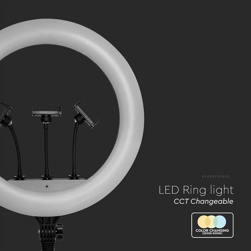V-Tac Lampa LED Lampă Ring LED Selfie V-Tac 55W cu Trepied, Suport pentru 3 Telefoane, 6000 lm, CRI>90, 3 Moduri Lumină, IP20