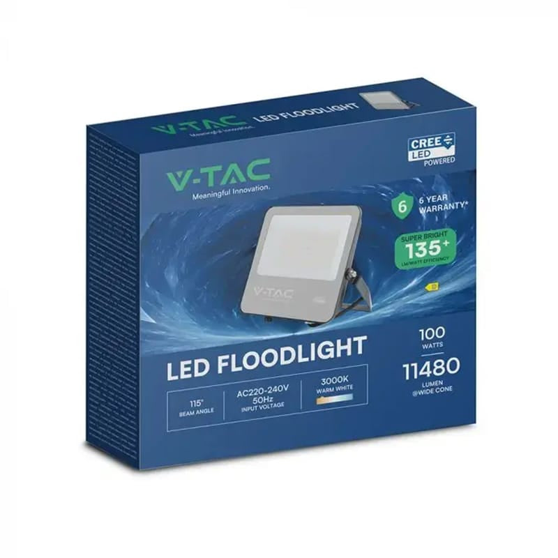 V-Tac Reflector LED REFLECTOR LED 100W 135LM/W 4000K IP65 CABLU 1M CIP CREE - NEGRU/GRI