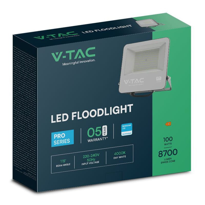 V-Tac Reflector LED REFLECTOR LED SMD 100W 4000K IP65 CABLU 1M CIP SAMSUNG - NEGRU/GRI