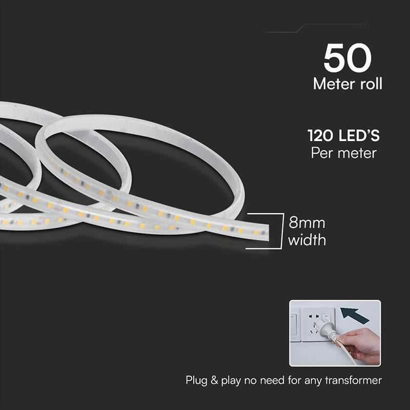 V-Tac Banda LED Bandă LED V-Tac SMD 2835, 10.5W/m, 4000K Alb Neutru, IP65, 220-240V, Rola 50m, 8mm