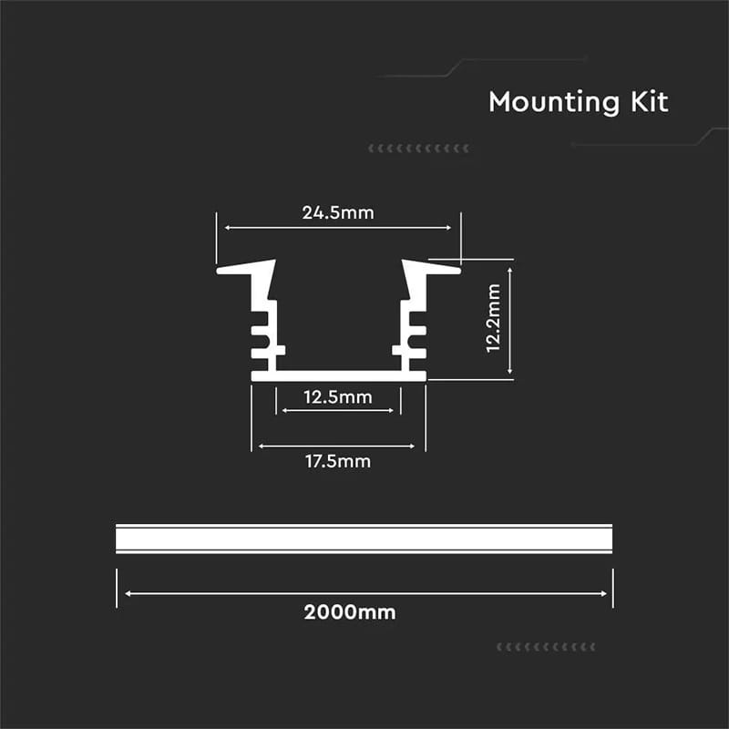 V-Tac Accesorii lumini scena Profil Aluminiu V-Tac SKU-3357 | Banda LED, 2m, 24.5mm x 12.2mm, Mat