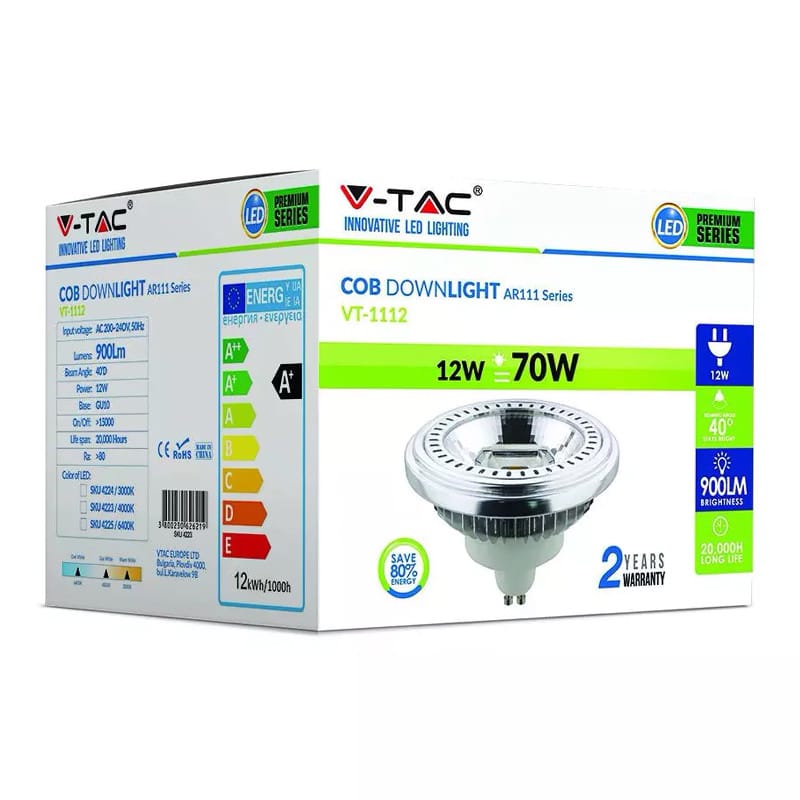 V-Tac Lampa LED Spot LED V-Tac SKU-4223 | GU10, AR111, 12W, 4500K, Alb Neutru