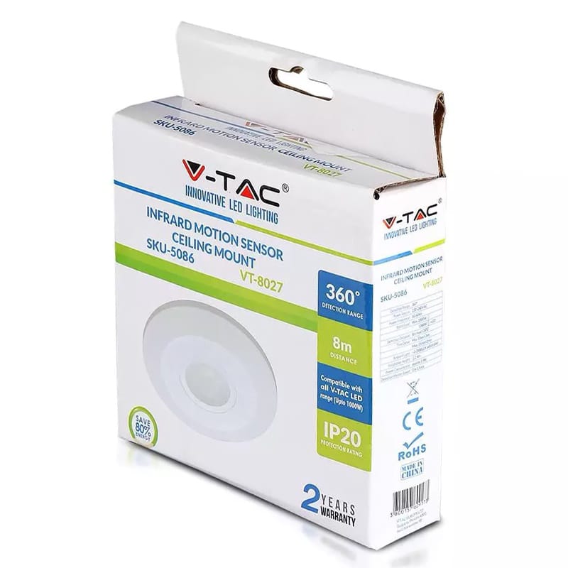 V-Tac Senzor smart Senzor Miscare V-Tac SKU-5086 | 360°, Montaj Tavan, Alb