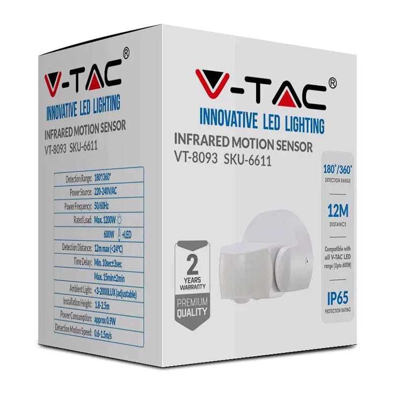 V-Tac Senzor smart Senzor de Miscare V-Tac SKU-6611 | 180/360gr, Alb