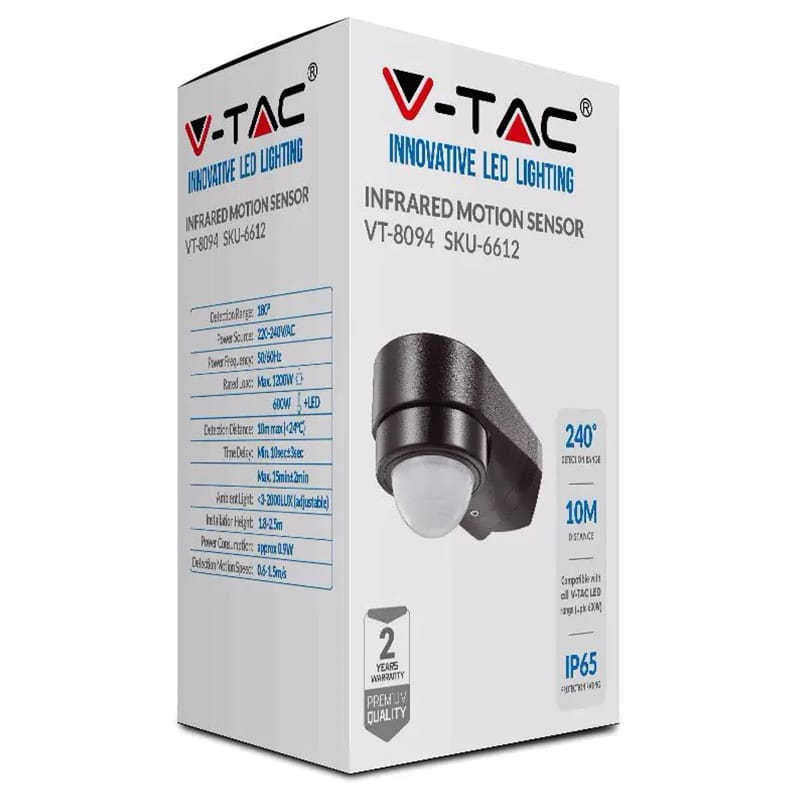 V-Tac Senzor smart Senzor de Miscare V-Tac SKU-6612 | 240 Grade, Montaj pe Colt, Negru