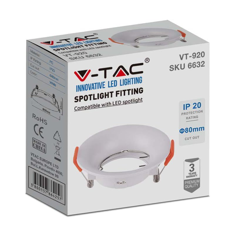 V-Tac Corp iluminat Corp Iluminat V-Tac SKU-6632 | GU10, Rotund, 88mm, Alb