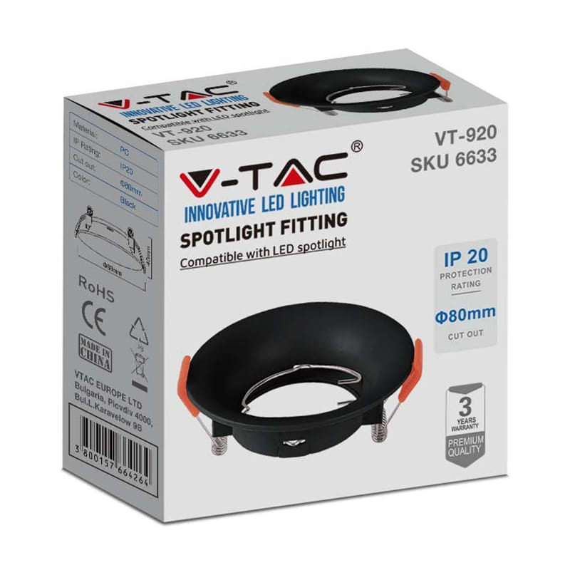 V-Tac Corp iluminat Corp Iluminat V-Tac SKU-6633 | Spot GU10, Rotund, 88x40mm, Negru