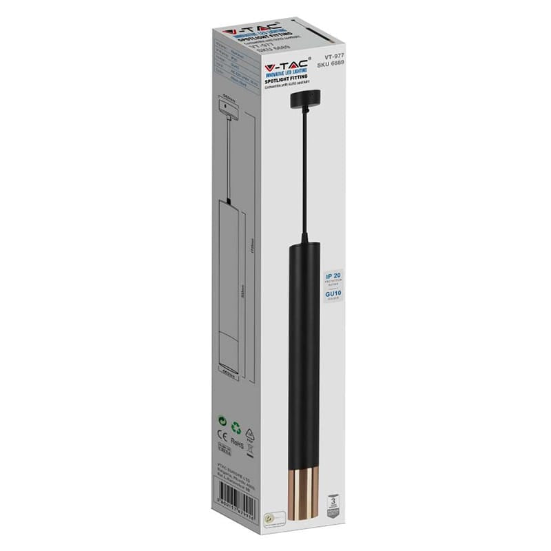 V-Tac Corp de iluminat Pendul V-Tac SKU-6689 | GU10, 60x500mm, Negru/Auriu