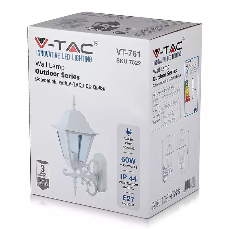 V-Tac Corp iluminat Corp Iluminat V-Tac SKU-7522 | Montaj Perete, E27, IP44, Alb Mat