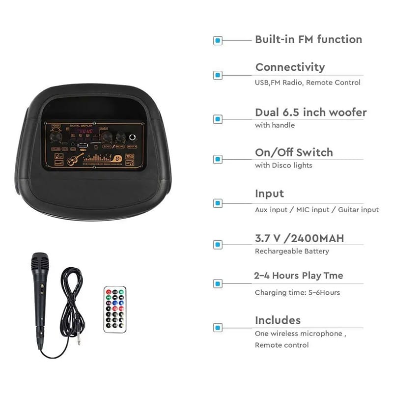 V-Tac Boxa Bluetooth Boxa Portabila V-Tac SKU-7676 | 2x6.5", 50W RMS, Bluetooth, LED, Microfon