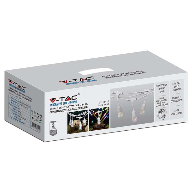 V-Tac Cablu Șir Luminos V-Tac SKU-7699 | 15m, 15 Socluri E27, IP65, Exterior