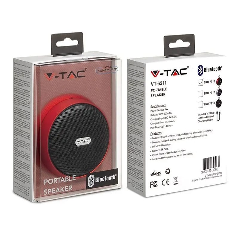 V-Tac Boxa Bluetooth Boxa Bluetooth V-Tac SKU-7716 | Portabila, 4W, Rosu
