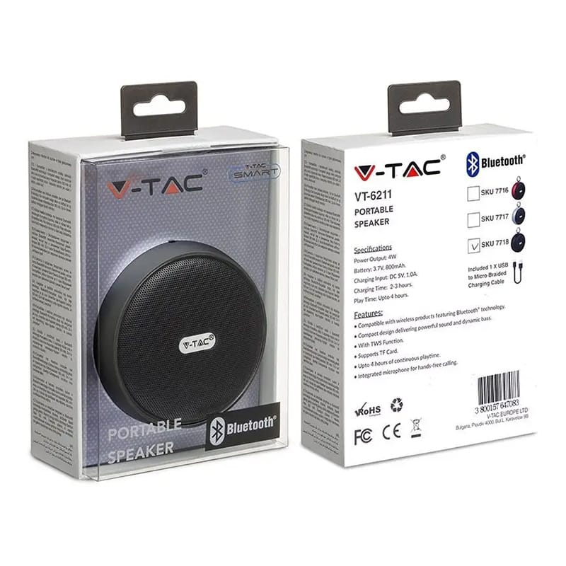 V-Tac Boxa Bluetooth Boxa Bluetooth V-Tac SKU-7718 | 4W, Portabila, Negru