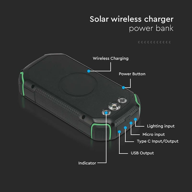 V-Tac Power bank Power Bank V-Tac SKU-7836 | 30000mAh, Wireless 15W, USB-C PD 20W, Solar