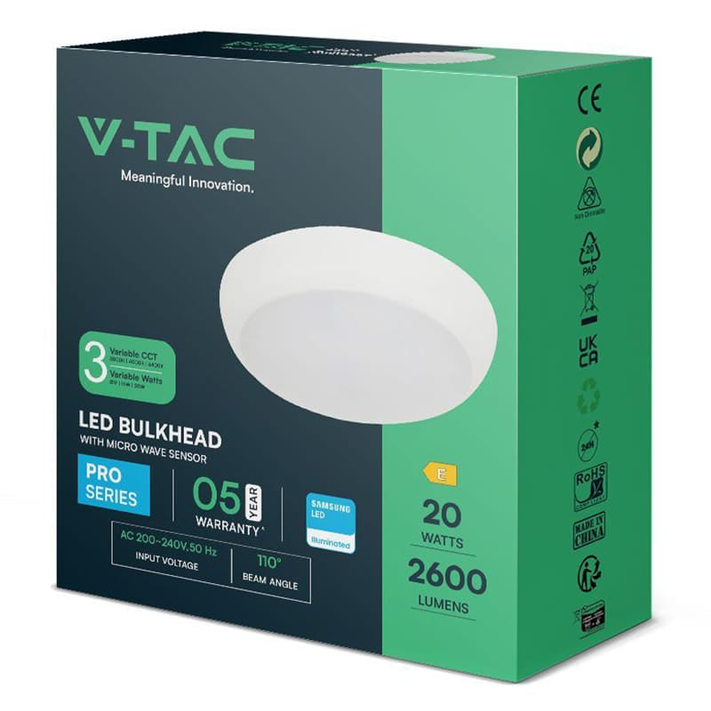 V-Tac Plafoniera LED Plafoniera LED V-Tac SKU-804-24 | 8W/16W/20W, 3in1, Senzor Miscare, IP65, Alb