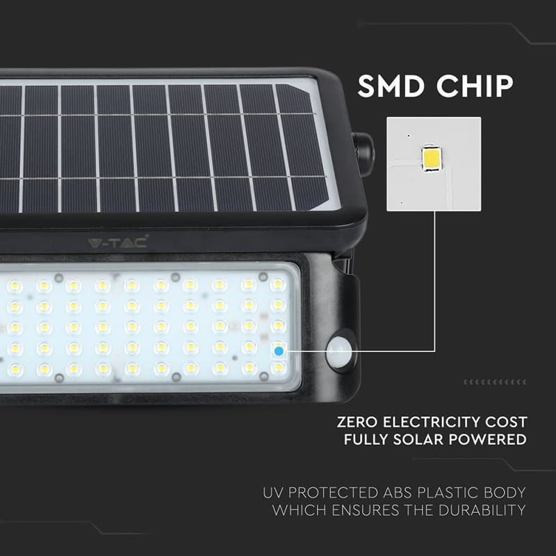 V-Tac Reflector LED Solar V-Tac 10W 4000K, 1100 lm, IP65, cu senzor de miscare si crepuscular, montaj pe perete