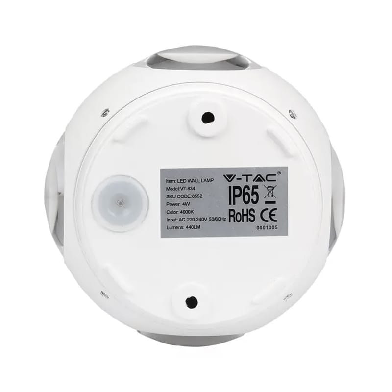 V-Tac Aplica LED exterior V-Tac 4W, IP65, 3000K alb cald, aluminiu alb, 440 lm, montaj pe perete