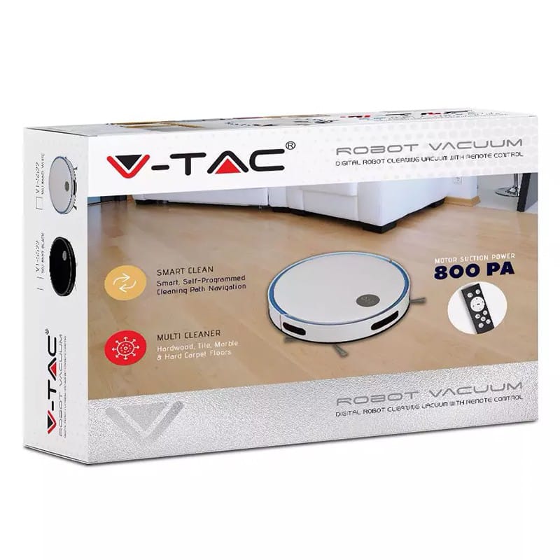 V-Tac Robot aspirator V-Tac cu telecomandă, navigare inteligentă, încărcare automată, filtru HEPA, 800Pa, alb/albastru