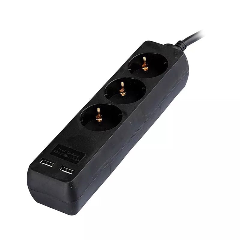 V-Tac PRELUNGITOR 3 CAI + 2USB 5M(3G1.5MM2) NEGRU