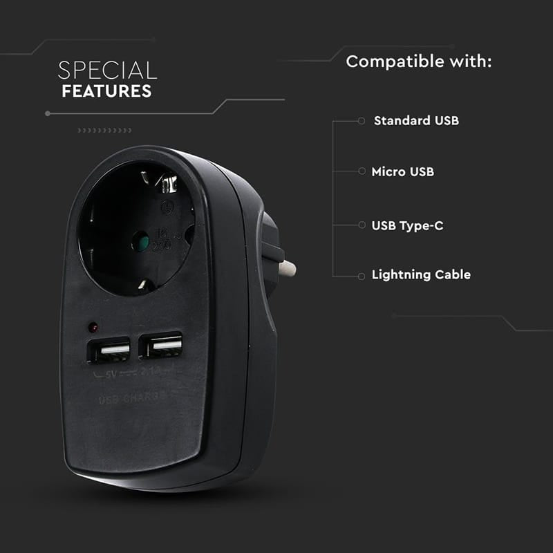 V-Tac ADAPTOR PRIZA 16A 3680W + 2USB 2.1A, NEGRU