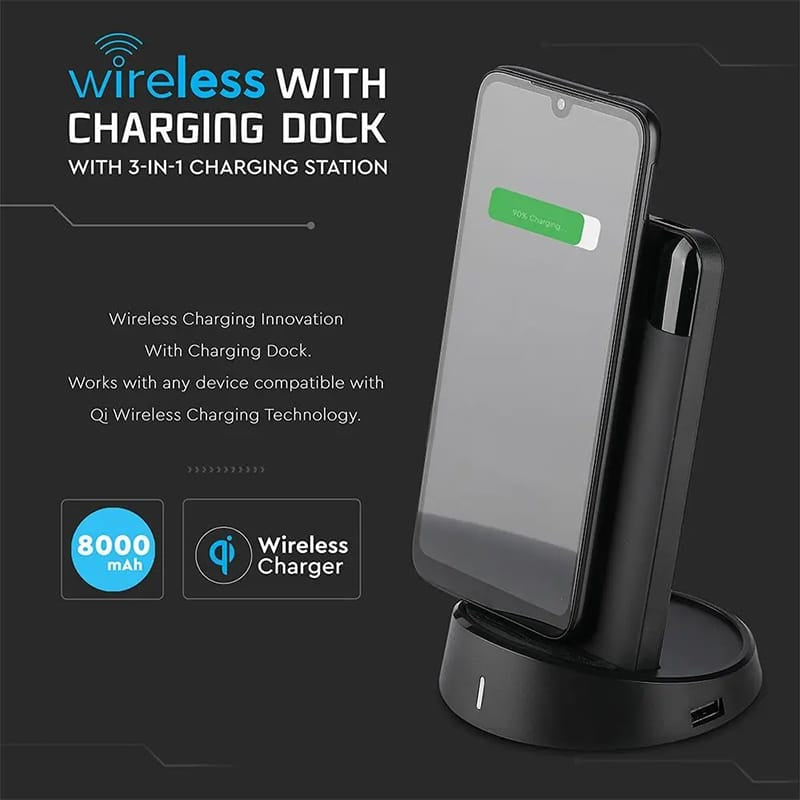 V-Tac POWER BANK 8000MAH INCARCARE WIRELESS MODEL STAND - NEGRU