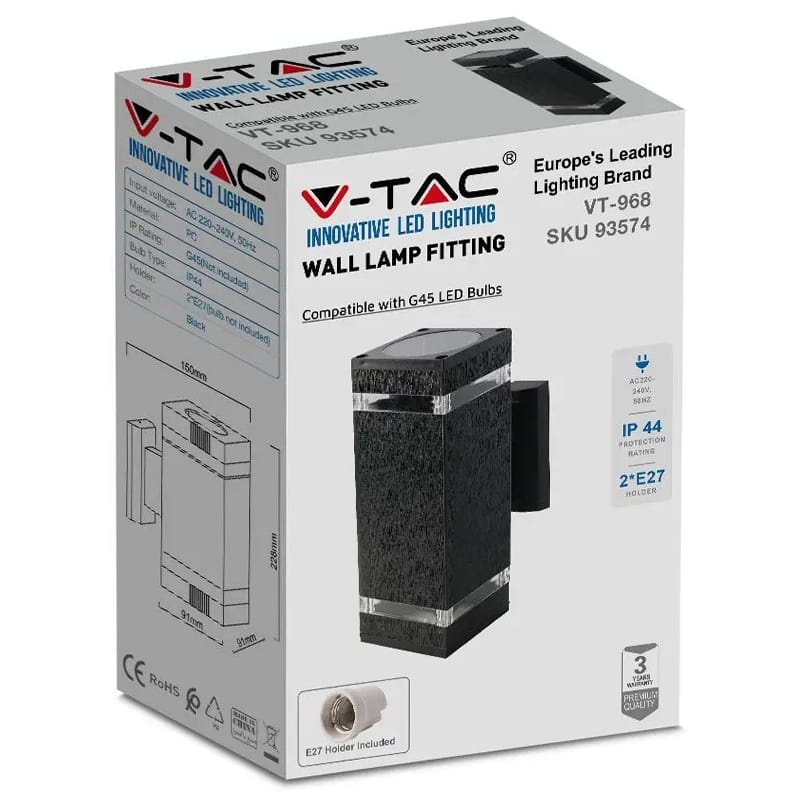 V-Tac LAMPA PERETE SOCLU E27 IP44 - NEGRU