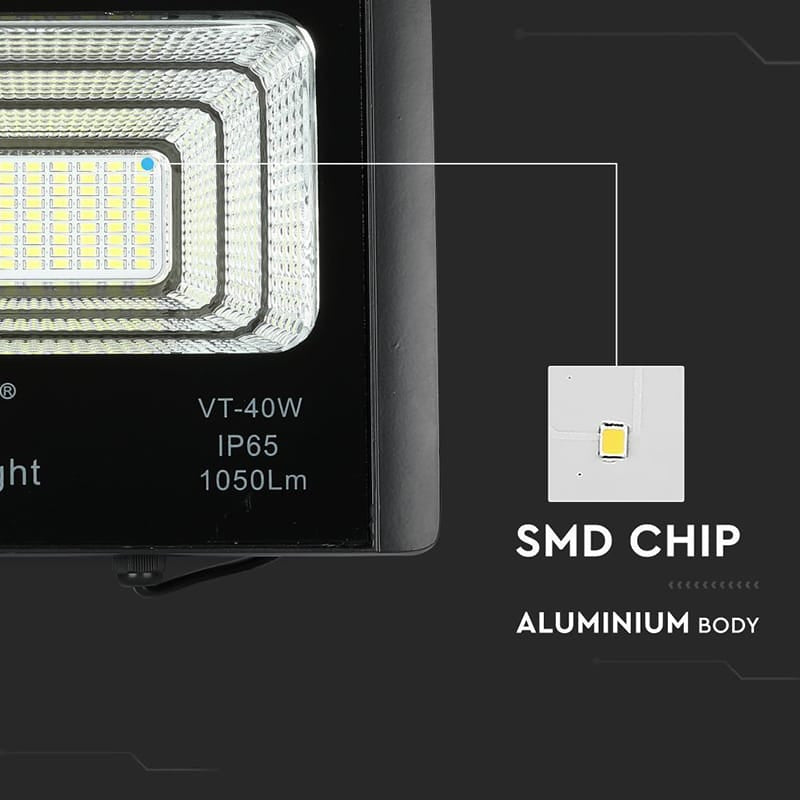 V-Tac Reflector LED Solar V-Tac 16W 6000K Alb Rece IP65 cu Telecomandă, Timer și Cablu 5m, Baterie 10000mAh