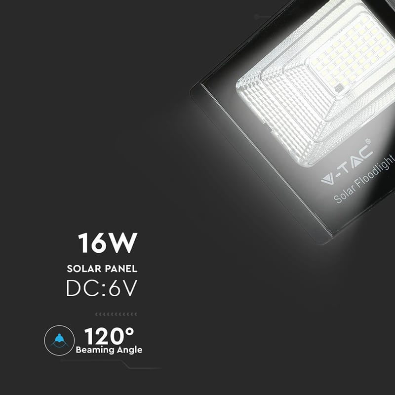 V-Tac Reflector LED Solar V-Tac 16W 6000K Alb Rece IP65 cu Telecomandă, Timer și Cablu 5m, Baterie 10000mAh