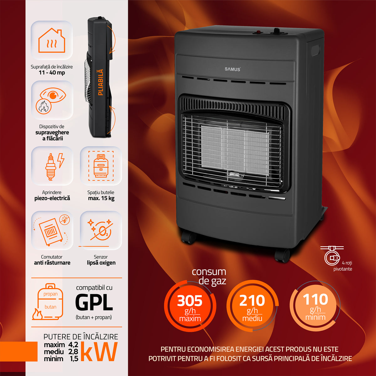 Soba pe gaz Samus RS424P | 15kg, Roșu