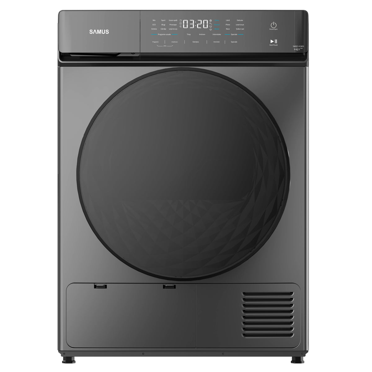 Uscator de Rufe Samus SWDP-919DS | 9kg, Pompa de Caldura, 18 Programe, Clasa E, Antracit