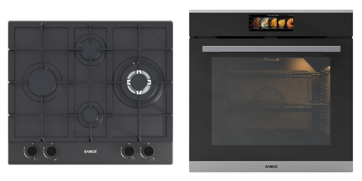 Samus Pachet built in Pachet Built In Samus PACHET SAMUS-ONL53 | Cuptor SC634GDT15H, 74L, Clasa A+, autocuratare catalitica + Plita PSG-64SMGN2, 4 arzatoare, aprindere electrica, , sticla neagra mata