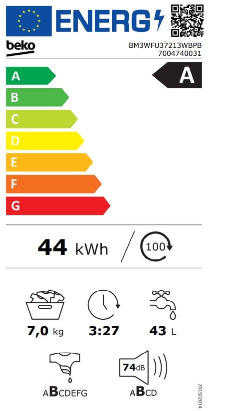 Beko Masina de spalat rufe Masina de spalat rufe Beko BM3WFU37213WBPB | 7kg, 1200rpm, Clasa A, SteamCure, Alb, 60x49.6x84.5cm