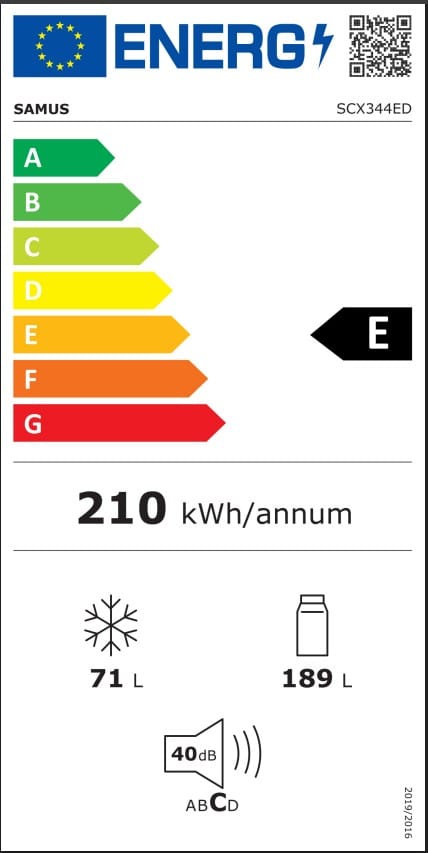 Samus Combina frigorifica Combina Frigorifica Samus SCX344ED, 260 l, Termostat Reglabil, Clasa energetica E, 3 sertare la congelator, H 180 cm, Inox/Argintiu