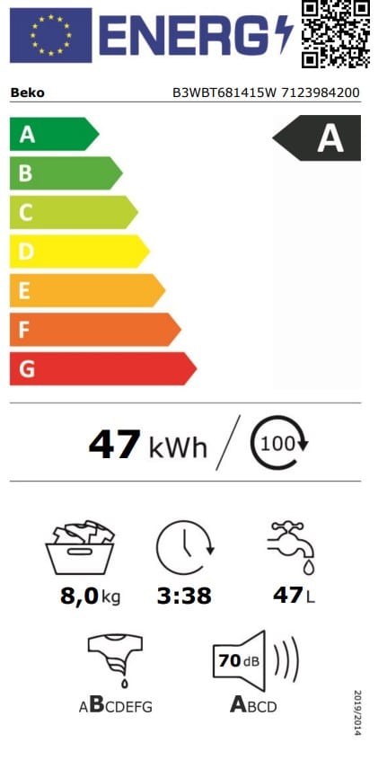 Beko Masina de spalat rufe Masina de spalat rufe Beko B3WBT681415W | 8kg, 1400RPM, Clasa A, Incorporabila, 60x55x82cm