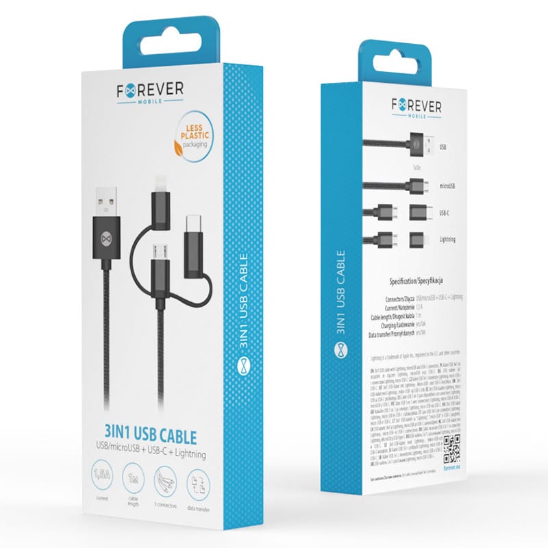 Forever CABLU 3IN1 USB-LIGHTNING-UCB-C-MICRO USB 1M 1.5A - NEGRU