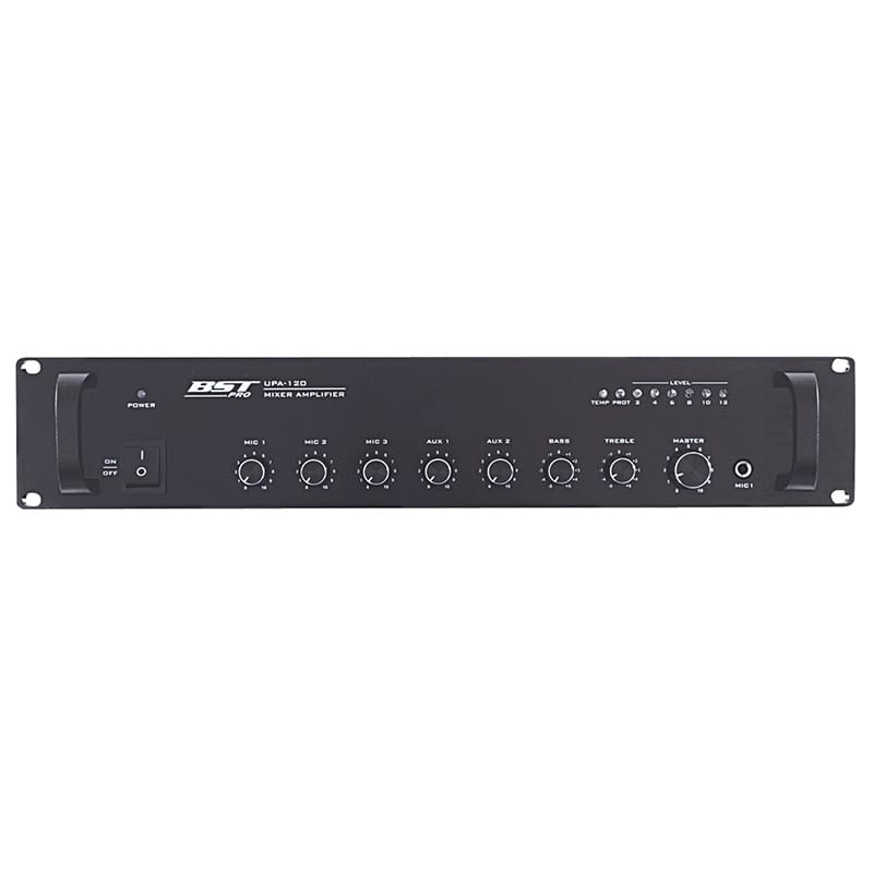 BST Amplificator linie 100V BST 120W, 3 intrări microfon, 2 AUX, phantom +48V, montaj rack 19” 2U